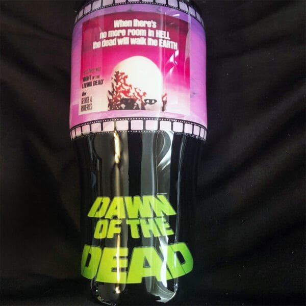 Front view of the Dawn of the Dead 1978 tumbler featuring the iconic 1978 movie poster design with bold text and vibrant colors.