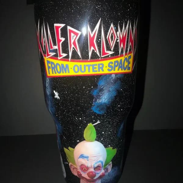 Front view of the Killer Klowns Tumbler, featuring vibrant movie-themed artwork.