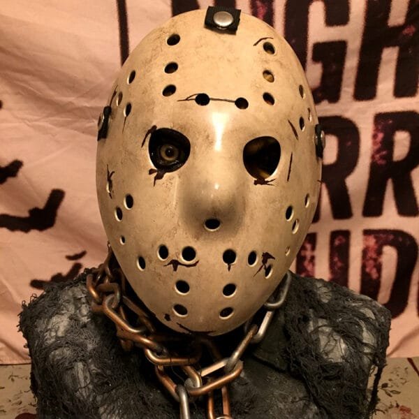 Front view of the Never Hike Alone Mask with weathered details, cuts, and scars inspired by the fan film.