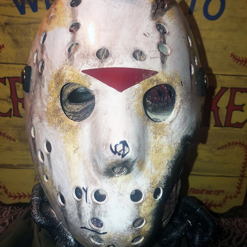 Angled view showcasing the bloodstains and texturing on the Friday the 13th Part 7 mask.