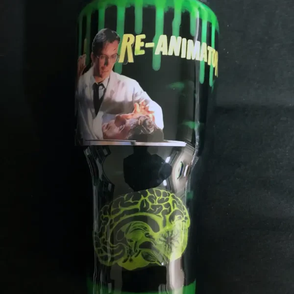 Image of the Re-Animator Tumbler showing Herbert West and green serum drips.