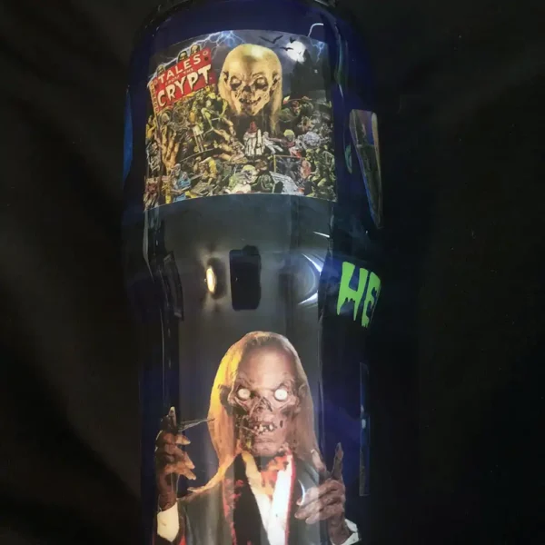 Back view of Tales from the Crypt tumbler featuring show-inspired graphics