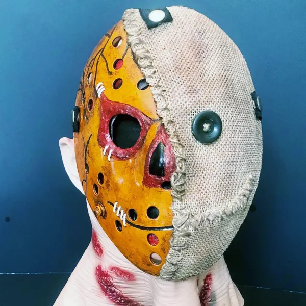 Close-up of the Sam Trick r Treat mask, showing burlap overlay and painted stitches.